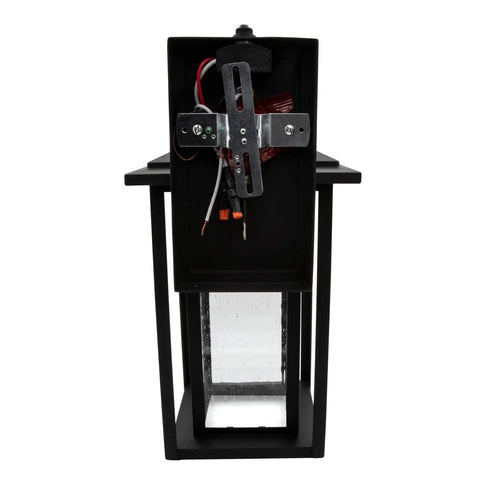 Back view showing wiring of Seeded Glass Outdoor Wall Light With Dusk To Dawn Sensor, 1000 Lumens Of Warm 3000K Glow.