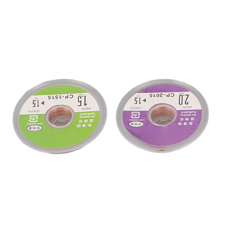 Two spools of Solder Wick Set 5 Pcs 1.5m Each For Fast Heat Transfer Copper Wire Solder Removal, showing width and length labels.