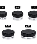 Various sizes of Beefy 2 Inch Billet Aluminum Weld-On Filler Neck Cap For Overflow Coolant Tank, shown in black finish.