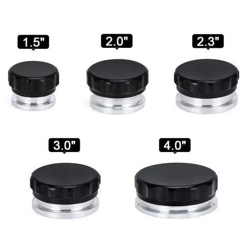 Various sizes of Beefy 2 Inch Billet Aluminum Weld-On Filler Neck Cap For Overflow Coolant Tank, shown in black finish.