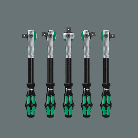 Five Zyklop 8000A Five In One Pro Grade One Fourth Inch Drive Ratchets with green grips on a grey background.