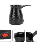 Portable Turkish Coffee Pot 600ml Electric Kettle With Removable Anti Scald Handle, features black textured design, close-up of spout and switch