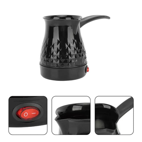 Portable Turkish Coffee Pot 600ml Electric Kettle With Removable Anti Scald Handle, features black textured design, close-up of spout and switch