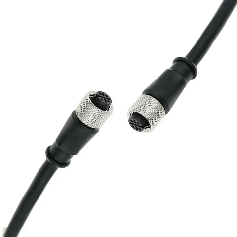 Rock Solid M12 A Code Three Pin Female To Female Sensor Cable Fifteen Meter with black cable and metal connectors.