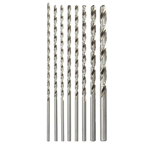 Heavy Duty 8 Piece Extra Long Twist Drill Bits Set With 200mm Length And Straight Shank For Drilling Steel Wood Plastic Aluminum Jewelry 2mm To 7mm Capacity Perfect For Home Workshop Projects, front view of the bits