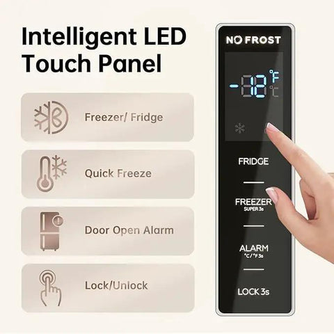Intelligent LED touch panel for 21.2 Cu Ft Convertible Upright Freezer Frost Free Space Saver features quick freeze and alarm options.