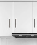 Matte Black Cabinet Pulls 5 Inch Center To Center Aluminum Drawer Handles Set Of 10 installed on white kitchen cabinets.