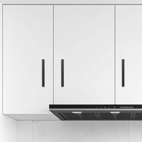 Matte Black Cabinet Pulls 5 Inch Center To Center Aluminum Drawer Handles Set Of 10 installed on white kitchen cabinets.