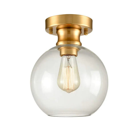 Gold Ceiling Light Fixture Flush Mount With Globe Clear Glass Shade, 7.87 Inch, Mid Century Modern Vibe, Brushed Gold Accents