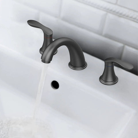 Matte Black Widespread Bathroom Sink Faucet 3 Hole Mount With Stainless Steel Pop Up Drain And cUPC Lead Free Hose Ceramic Valve