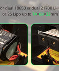Battery compartment of Dope Compact Pro Radio Transmitter with Hall Gimbals and ELRS CC2500, showing dual Li-ion cell compatibility.