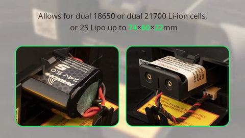Battery compartment of Dope Compact Pro Radio Transmitter with Hall Gimbals and ELRS CC2500, showing dual Li-ion cell compatibility.