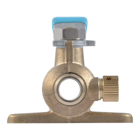 Front view of 1/2 Inch Crimp Ball Valve With Drain For PEX And PE-RT Brass Plumbing Fitting With Mounting Tabs UC24615Z