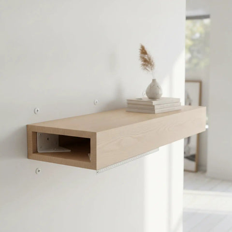 Hidden Triangle Shelf Bracket For Floating Shelves, white steel support with mounting screws under wooden shelf