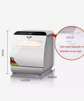 Installation Free Compact Desktop Dishwasher With Slick Pull Out Tray And Heavy Duty Triple Filter Zero Plumbing Drama Smart Countertop Washer showing size dimensions and water fill options.