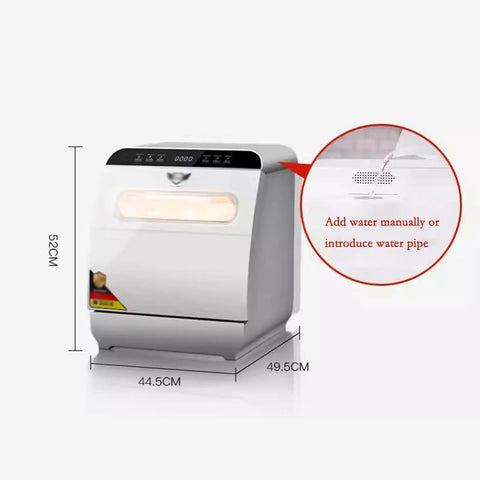 Installation Free Compact Desktop Dishwasher With Slick Pull Out Tray And Heavy Duty Triple Filter Zero Plumbing Drama Smart Countertop Washer showing size dimensions and water fill options.