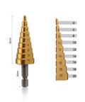 Pro Grade 3 Piece Step Drill Bit Set With Titanium Coated High Speed Steel For Plastic Aluminum And Sheet Metal Drilling Quick Change One Quarter Inch Hex Shank Two Flute Design For Faster Smoother Cuts Includes Well Built Carry Bag And Metric Sizes, featuring close-up of titanium-coated bit with size measurements visible.