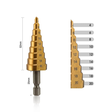 Pro Grade 3 Piece Step Drill Bit Set With Titanium Coated High Speed Steel For Plastic Aluminum And Sheet Metal Drilling Quick Change One Quarter Inch Hex Shank Two Flute Design For Faster Smoother Cuts Includes Well Built Carry Bag And Metric Sizes, featuring close-up of titanium-coated bit with size measurements visible.