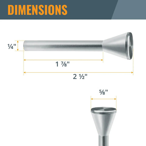 Dimensions of Professional Router Subbase Centering Pin And Cone Set showing sizes for quarter inch and 5/8 inch guide.