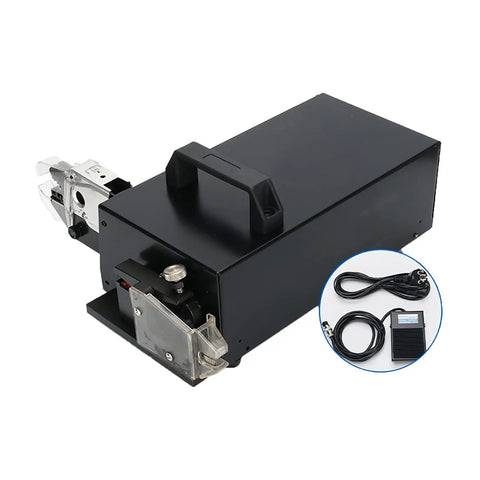 TopTier Automatic Electric Wire Terminal Crimper Featuring Integrated Stripping Mode For Rapid Trade Work, black metal design, including power pedal.