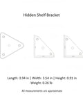 Diagram of Hidden Triangle Shelf Bracket for floating shelves, showing dimensions and side views in white steel.