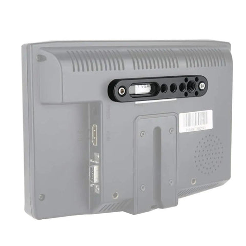 Top Shelf Camera Mounting Plate Cheese Bar Extension featuring 1/4 and 3/8 inch threads on a compact monitor back. 