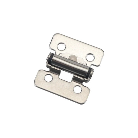 Front view: stainless steel damping hinge with two mounting plates and cylindrical damper.