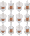 12 Pack 40 Micron One Quarter Inch Inline Fuel Filter For Small Engines Kawasaki FH430V FH451V FH500V Compatible With Dirt Bike Street Motorcycle Lawn Mower Tractor And More, showing multiple filters with white casing and transparent body.