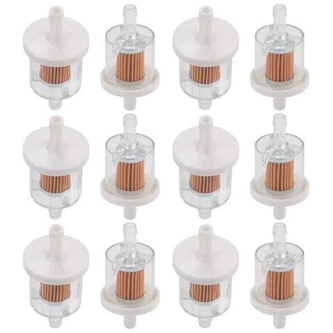 12 Pack 40 Micron One Quarter Inch Inline Fuel Filter For Small Engines Kawasaki FH430V FH451V FH500V Compatible With Dirt Bike Street Motorcycle Lawn Mower Tractor And More, showing multiple filters with white casing and transparent body.