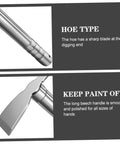 Close-up of Lightweight Portable Garden Hoe And Steel Pickaxe Tool with stainless steel sharp blade and smooth beech handle.