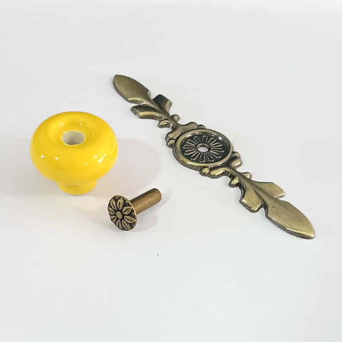 Dang Solid Vintage Ceramic Cabinet Knobs And Drawer Pulls 8 Pack Petal Design Zinc Alloy Back Plate Hardware For Kitchen Wardrobe With Easy Peasy Install yellow ceramic knob and petal-shaped zinc alloy back plate parts