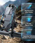 Rock Solid Motorcycle And ATV Phone Mount Featuring Heavy Duty Silicone Shock Absorption And Multi Claw Grip Design For Zero Shake Off Road Riding Adventures mounted on a handlebar, showing 8-claw grip and shockproof design.