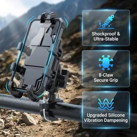 Rock Solid Motorcycle And ATV Phone Mount Featuring Heavy Duty Silicone Shock Absorption And Multi Claw Grip Design For Zero Shake Off Road Riding Adventures mounted on a handlebar, showing 8-claw grip and shockproof design.