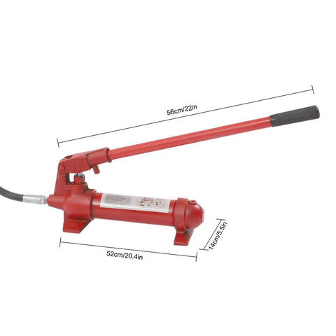Red hydraulic ram component of Heavy Duty Auto Body Frame Repair Tool Kit with measurement labels shown.