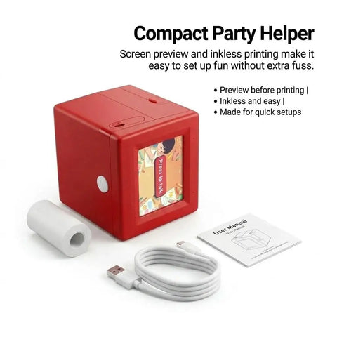 Kids Mini Thermal Printer With Screen Preview For Party Cards And Coloring Pages No Sweat Inkless Printing Gadget, red handheld with accessories.