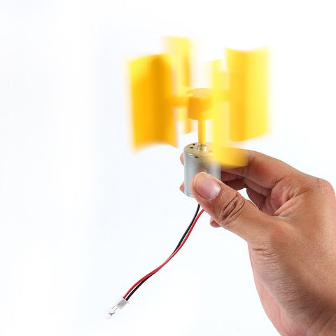 Micro Vertical Wind Turbine Kit For Hands On Learning Tiny Wind Generator Blades For Demonstrating Wind Power Principles Classroom DIY Science Education Experiment in hand, showing yellow blades and wiring.