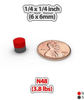 Strong Neodymium Magnets 1/4 x 1/4 Inch Round Discs 6 x 6mm N48 Grade 3.8 Lbs Pull next to a penny for size comparison.
