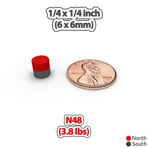 Strong Neodymium Magnets 1/4 x 1/4 Inch Round Discs 6 x 6mm N48 Grade 3.8 Lbs Pull next to a penny for size comparison.
