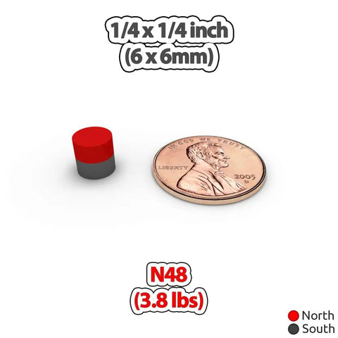 Sturdy Quarter Inch Cylindrical Magnets N48 With 3.8 Lb Pull next to a penny for size reference