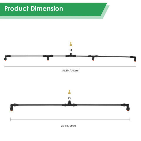 Extendable Sprayer Boom Wand With Four Nozzles And 3/8 Inch Brass Barb, shown extended at 55.1 inches and retracted at 35.4 inches