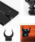 Heavy Duty 10 Pack Toe Kick Clips For Cabinet Leveler Legs With Snap On Plastic Brackets For 1 Inch Furniture Feet And Kitchen Plinth Skirting Board No Sweat Setup shown in various angles with black brackets and hardware.
