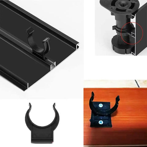 Heavy Duty 10 Pack Toe Kick Clips For Cabinet Leveler Legs With Snap On Plastic Brackets For 1 Inch Furniture Feet And Kitchen Plinth Skirting Board No Sweat Setup shown in various angles with black brackets and hardware.