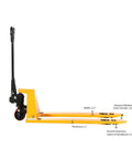 Side view of Low Profile Pallet Jack Hand Pallet Truck With Two Inch Lowered Fork Height And 48 By 27 Inch Forks 3300 Lb Capacity