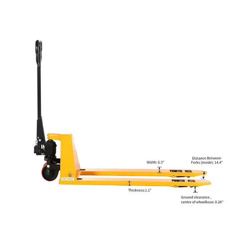 Side view of Low Profile Pallet Jack Hand Pallet Truck With Two Inch Lowered Fork Height And 48 By 27 Inch Forks 3300 Lb Capacity