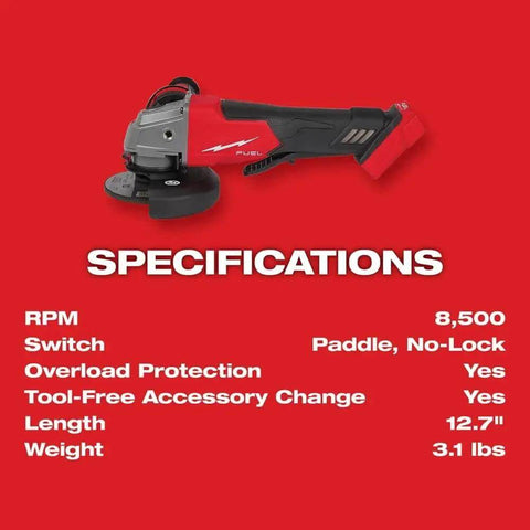 Top Shelf Brushless M18 Compatible Angle Grinder Kit Ships Loaded In Rugged Contractor Bag Featuring Smart Charge Sync And Beast Mode Torque For Serious Crews Jobsite with specifications including RPM and weight.