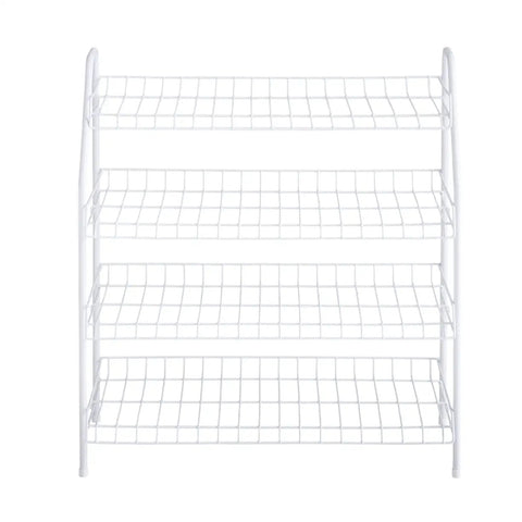 Four Tier Wire Shoe Rack White Simple Assembly Holds Up To 12 Pairs Of Shoes In Bedroom Or Closet Heavy Duty Metal Build