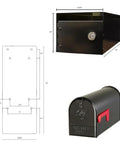 Rust Proof Galvanized Steel Locking Mailbox With Locking Insert And Steel Latch Black Finish Red Aluminum Flag Secure Mail Drop For Home Or Office And Top Access For Large Mail And Magazines, angled view and schematic.