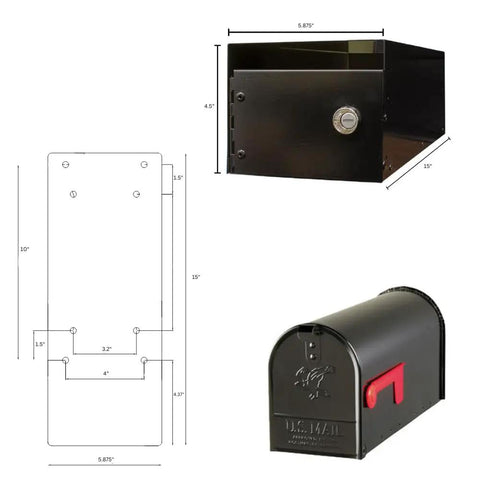 Rust Proof Galvanized Steel Locking Mailbox With Locking Insert And Steel Latch Black Finish Red Aluminum Flag Secure Mail Drop For Home Or Office And Top Access For Large Mail And Magazines, angled view and schematic.