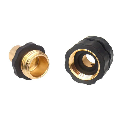 Close-up of Set Of 6 Aluminum Garden Hose Quick Connectors With Male And Female Couplers, 3/4 Inch US Thread, rubber grips