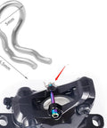 Six Pack Caliper Cotter Pin Set For Bicycle Disc Brakes Replacement Clips Snap Rings Springs Stainless Steel Durable Fit Shimano Zee XT SLX XTR Formula Mega Brakes Pads Axle Bolts, close-up of pin with measurements next to black brake caliper.